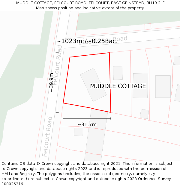 MUDDLE COTTAGE, FELCOURT ROAD, FELCOURT, EAST GRINSTEAD, RH19 2LF: Plot and title map