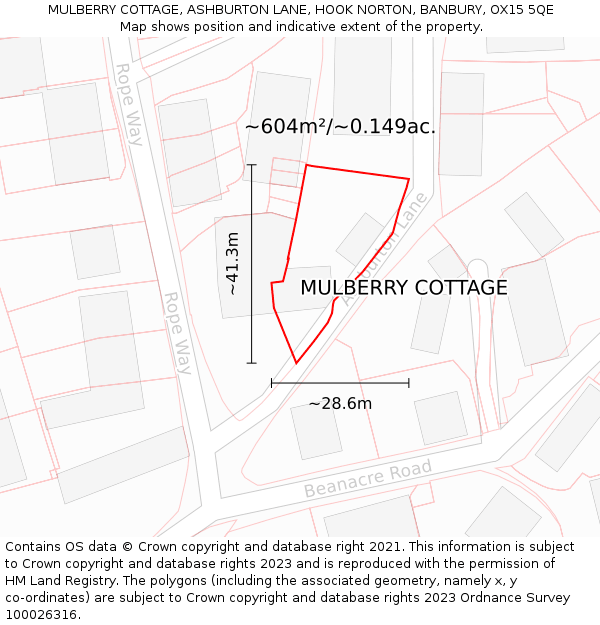 MULBERRY COTTAGE, ASHBURTON LANE, HOOK NORTON, BANBURY, OX15 5QE: Plot and title map