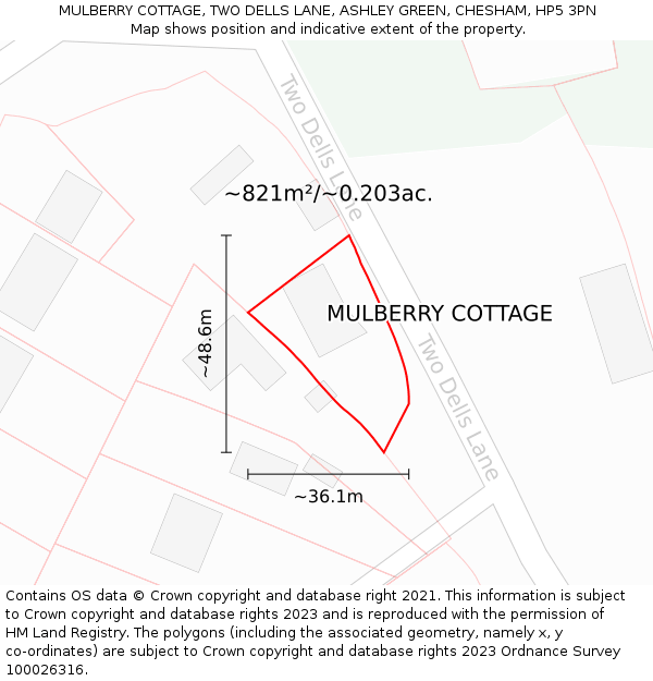 MULBERRY COTTAGE, TWO DELLS LANE, ASHLEY GREEN, CHESHAM, HP5 3PN: Plot and title map