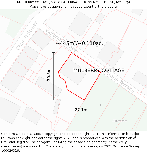 MULBERRY COTTAGE, VICTORIA TERRACE, FRESSINGFIELD, EYE, IP21 5QA: Plot and title map