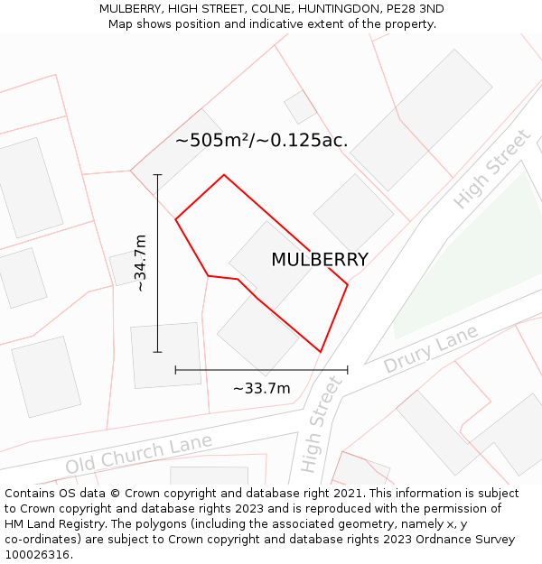 MULBERRY, HIGH STREET, COLNE, HUNTINGDON, PE28 3ND: Plot and title map