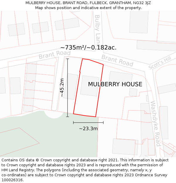 MULBERRY HOUSE, BRANT ROAD, FULBECK, GRANTHAM, NG32 3JZ: Plot and title map