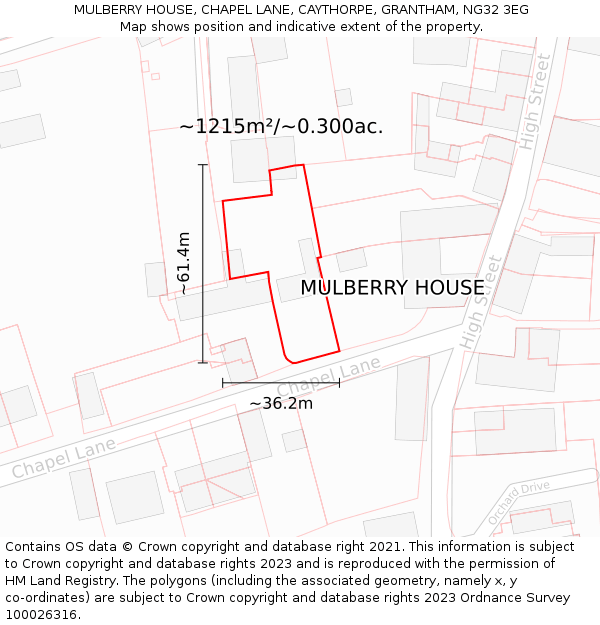 MULBERRY HOUSE, CHAPEL LANE, CAYTHORPE, GRANTHAM, NG32 3EG: Plot and title map