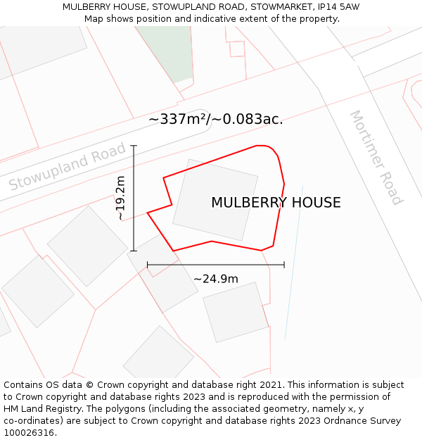 MULBERRY HOUSE, STOWUPLAND ROAD, STOWMARKET, IP14 5AW: Plot and title map