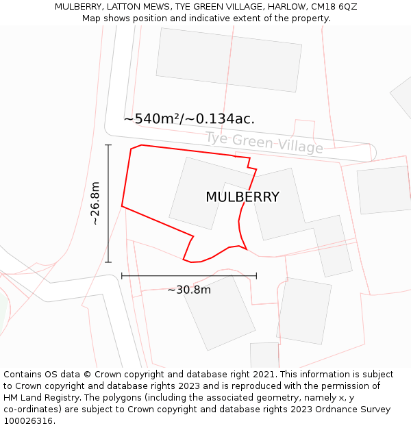 MULBERRY, LATTON MEWS, TYE GREEN VILLAGE, HARLOW, CM18 6QZ: Plot and title map