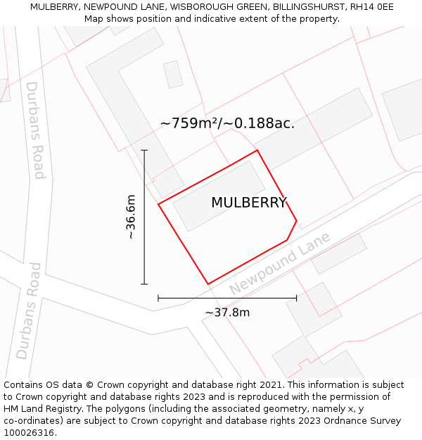 MULBERRY, NEWPOUND LANE, WISBOROUGH GREEN, BILLINGSHURST, RH14 0EE: Plot and title map