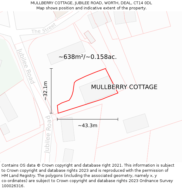 MULLBERRY COTTAGE, JUBILEE ROAD, WORTH, DEAL, CT14 0DL: Plot and title map