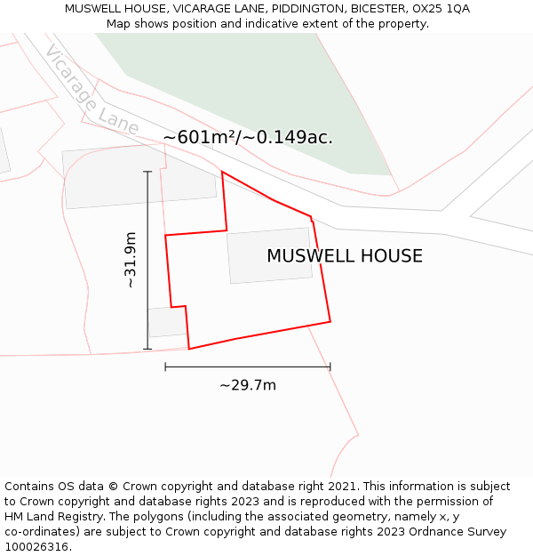 MUSWELL HOUSE, VICARAGE LANE, PIDDINGTON, BICESTER, OX25 1QA: Plot and title map