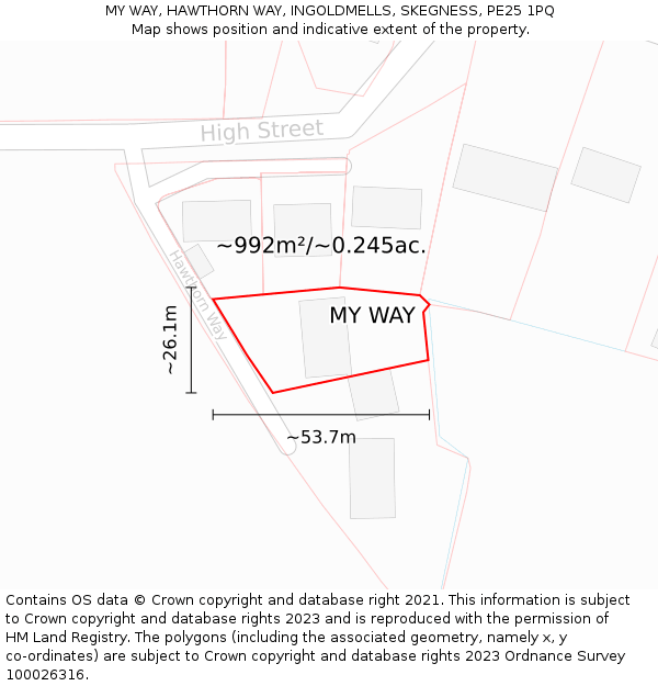 MY WAY, HAWTHORN WAY, INGOLDMELLS, SKEGNESS, PE25 1PQ: Plot and title map