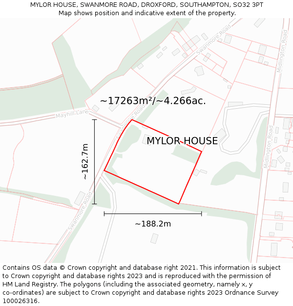 MYLOR HOUSE, SWANMORE ROAD, DROXFORD, SOUTHAMPTON, SO32 3PT: Plot and title map