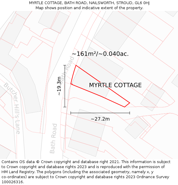MYRTLE COTTAGE, BATH ROAD, NAILSWORTH, STROUD, GL6 0HJ: Plot and title map