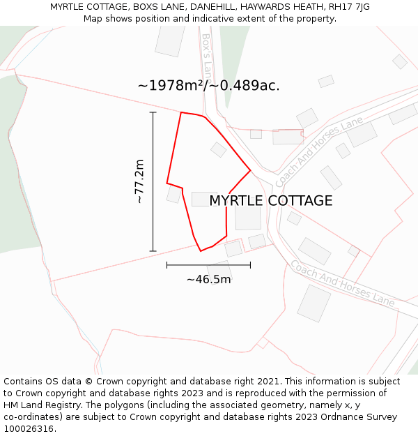 MYRTLE COTTAGE, BOXS LANE, DANEHILL, HAYWARDS HEATH, RH17 7JG: Plot and title map