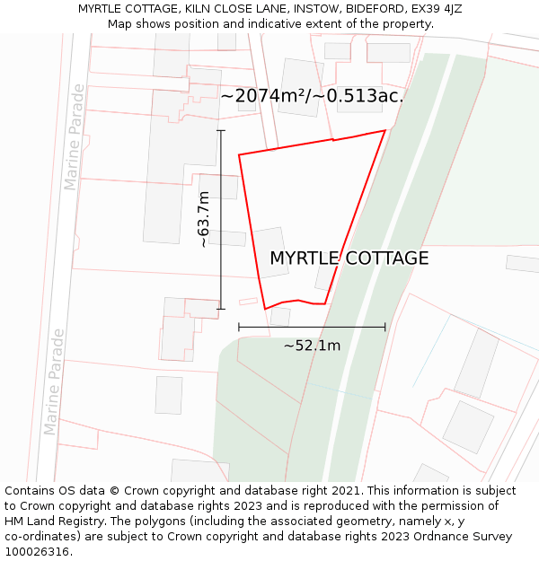 MYRTLE COTTAGE, KILN CLOSE LANE, INSTOW, BIDEFORD, EX39 4JZ: Plot and title map