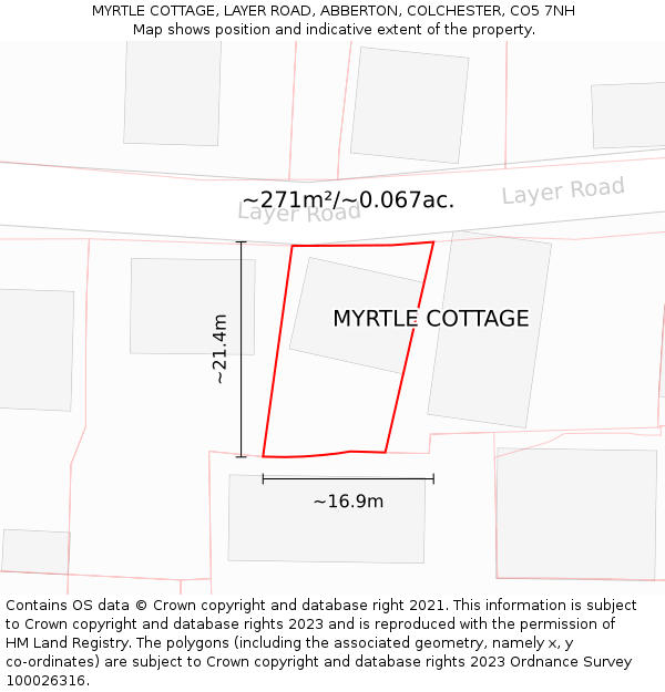 MYRTLE COTTAGE, LAYER ROAD, ABBERTON, COLCHESTER, CO5 7NH: Plot and title map