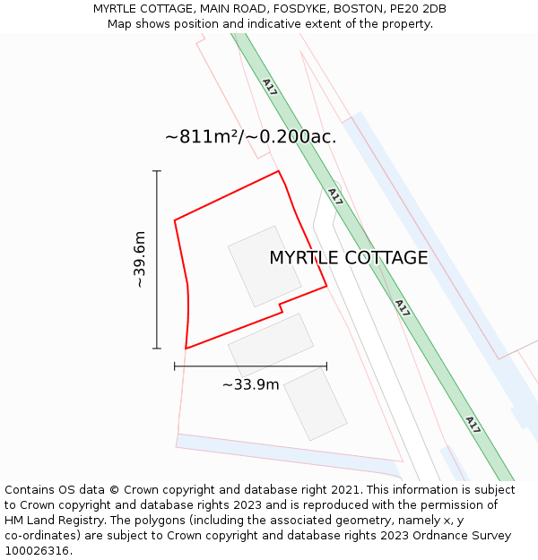 MYRTLE COTTAGE, MAIN ROAD, FOSDYKE, BOSTON, PE20 2DB: Plot and title map