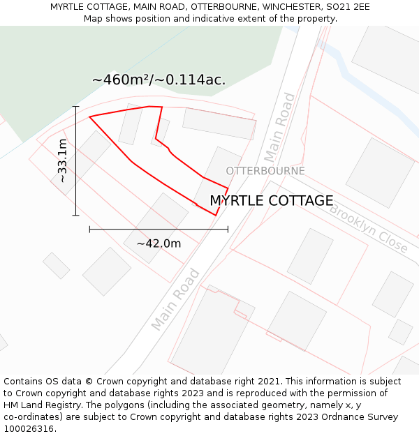 MYRTLE COTTAGE, MAIN ROAD, OTTERBOURNE, WINCHESTER, SO21 2EE: Plot and title map