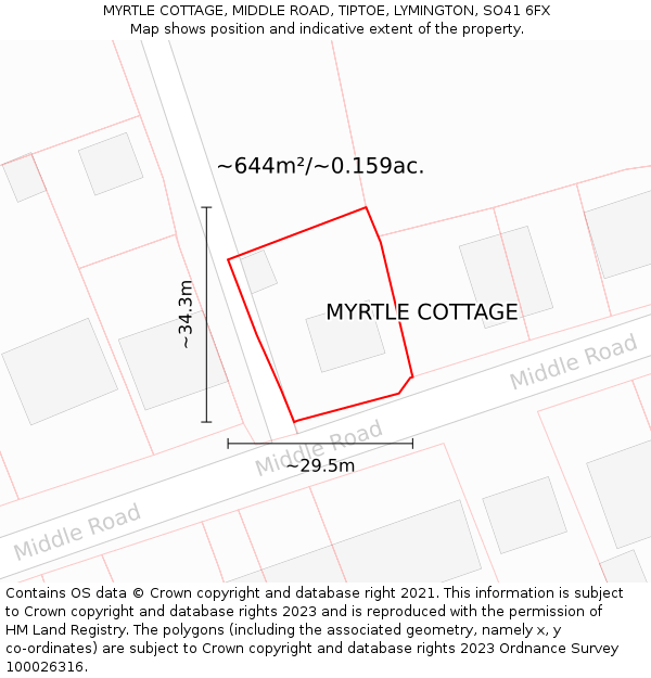 MYRTLE COTTAGE, MIDDLE ROAD, TIPTOE, LYMINGTON, SO41 6FX: Plot and title map