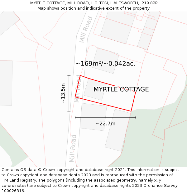 MYRTLE COTTAGE, MILL ROAD, HOLTON, HALESWORTH, IP19 8PP: Plot and title map