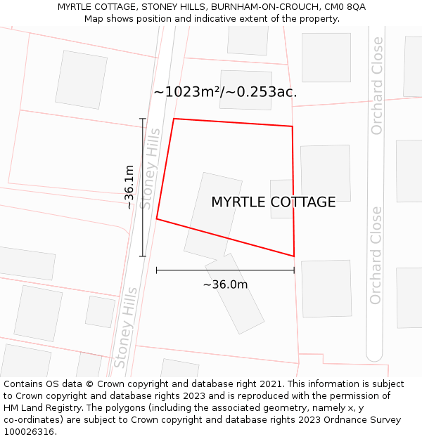 MYRTLE COTTAGE, STONEY HILLS, BURNHAM-ON-CROUCH, CM0 8QA: Plot and title map