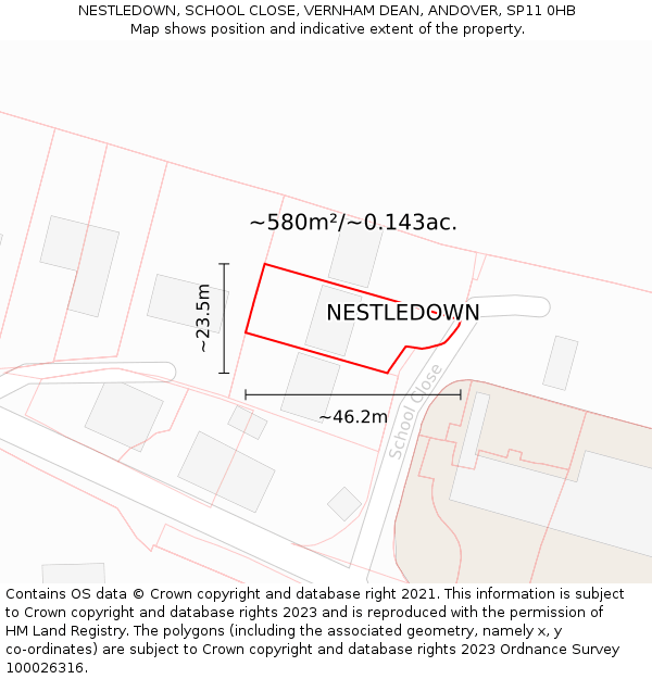 NESTLEDOWN, SCHOOL CLOSE, VERNHAM DEAN, ANDOVER, SP11 0HB: Plot and title map