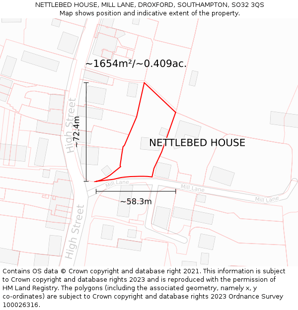 NETTLEBED HOUSE, MILL LANE, DROXFORD, SOUTHAMPTON, SO32 3QS: Plot and title map