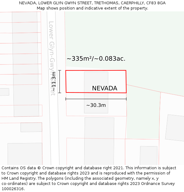 NEVADA, LOWER GLYN GWYN STREET, TRETHOMAS, CAERPHILLY, CF83 8GA: Plot and title map