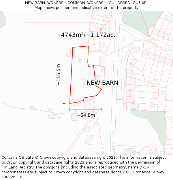 NEW BARN, WONERSH COMMON, WONERSH, GUILDFORD, GU5 0PL: Plot and title map