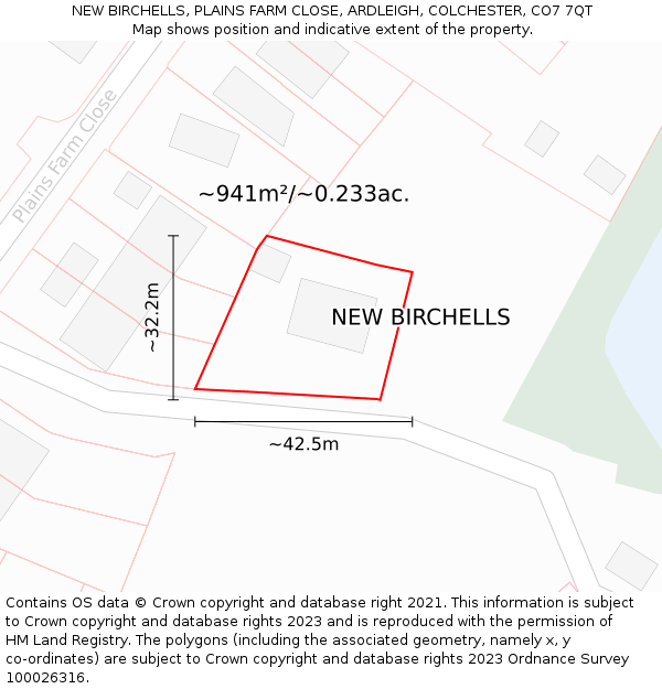 NEW BIRCHELLS, PLAINS FARM CLOSE, ARDLEIGH, COLCHESTER, CO7 7QT: Plot and title map