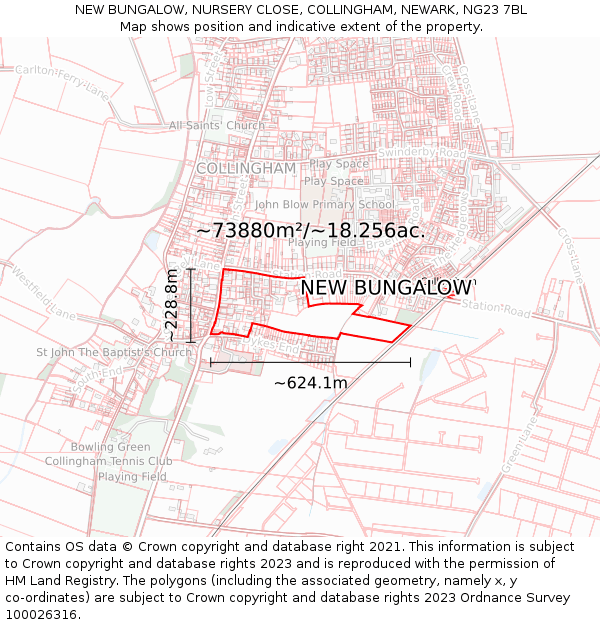 NEW BUNGALOW, NURSERY CLOSE, COLLINGHAM, NEWARK, NG23 7BL: Plot and title map