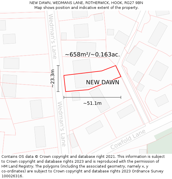 NEW DAWN, WEDMANS LANE, ROTHERWICK, HOOK, RG27 9BN: Plot and title map