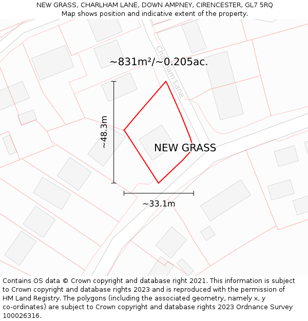 NEW GRASS, CHARLHAM LANE, DOWN AMPNEY, CIRENCESTER, GL7 5RQ: Plot and title map