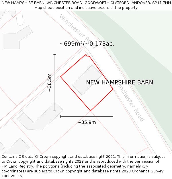 NEW HAMPSHIRE BARN, WINCHESTER ROAD, GOODWORTH CLATFORD, ANDOVER, SP11 7HN: Plot and title map