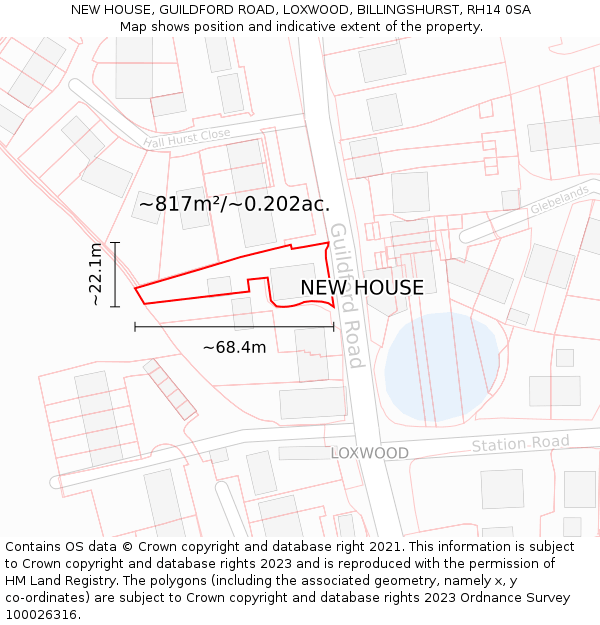 NEW HOUSE, GUILDFORD ROAD, LOXWOOD, BILLINGSHURST, RH14 0SA: Plot and title map