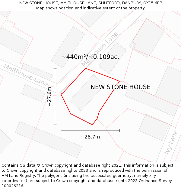 NEW STONE HOUSE, MALTHOUSE LANE, SHUTFORD, BANBURY, OX15 6PB: Plot and title map