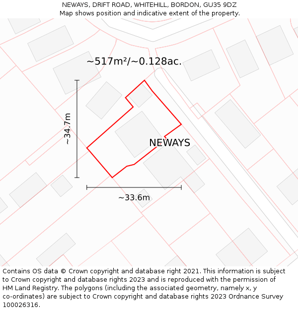 NEWAYS, DRIFT ROAD, WHITEHILL, BORDON, GU35 9DZ: Plot and title map