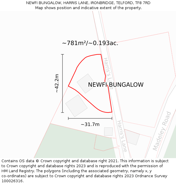 NEWFI BUNGALOW, HARRIS LANE, IRONBRIDGE, TELFORD, TF8 7RD: Plot and title map