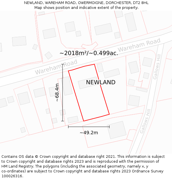 NEWLAND, WAREHAM ROAD, OWERMOIGNE, DORCHESTER, DT2 8HL: Plot and title map