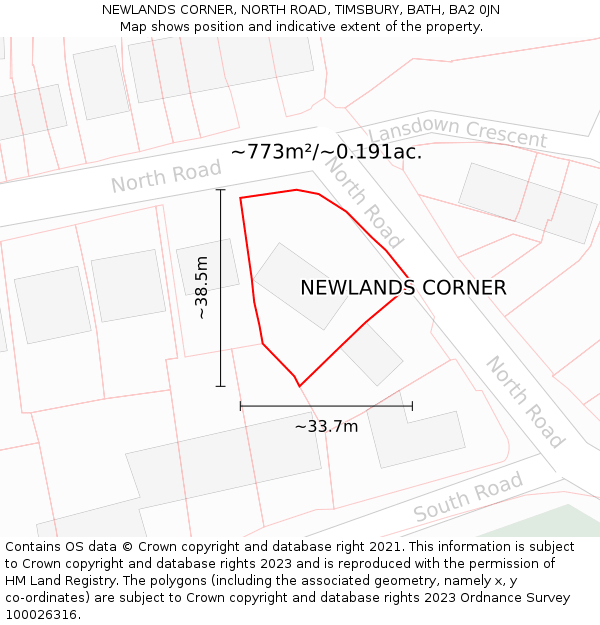 NEWLANDS CORNER, NORTH ROAD, TIMSBURY, BATH, BA2 0JN: Plot and title map