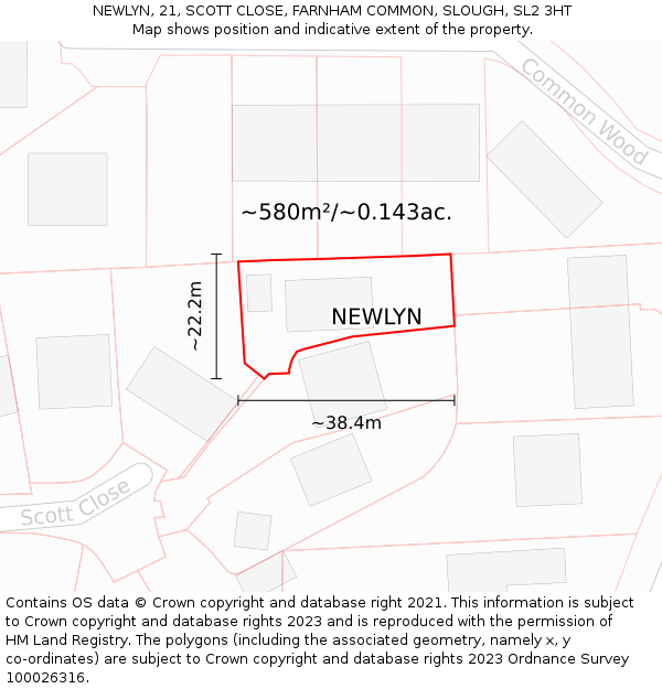 NEWLYN, 21, SCOTT CLOSE, FARNHAM COMMON, SLOUGH, SL2 3HT: Plot and title map