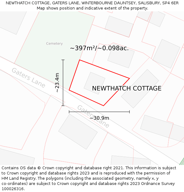 NEWTHATCH COTTAGE, GATERS LANE, WINTERBOURNE DAUNTSEY, SALISBURY, SP4 6ER: Plot and title map