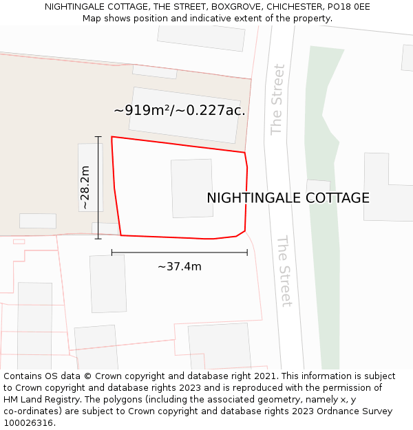 NIGHTINGALE COTTAGE, THE STREET, BOXGROVE, CHICHESTER, PO18 0EE: Plot and title map