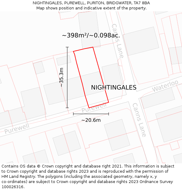 NIGHTINGALES, PUREWELL, PURITON, BRIDGWATER, TA7 8BA: Plot and title map