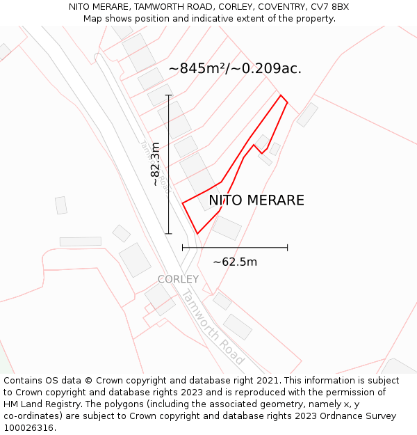 NITO MERARE, TAMWORTH ROAD, CORLEY, COVENTRY, CV7 8BX: Plot and title map