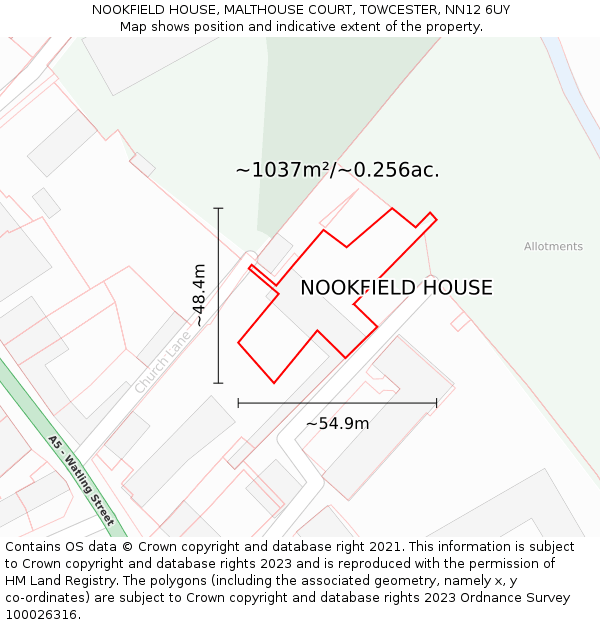 NOOKFIELD HOUSE, MALTHOUSE COURT, TOWCESTER, NN12 6UY: Plot and title map