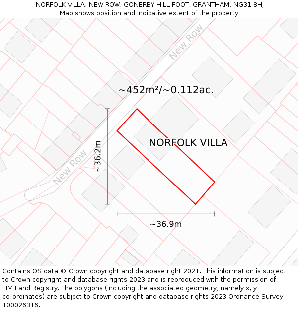 NORFOLK VILLA, NEW ROW, GONERBY HILL FOOT, GRANTHAM, NG31 8HJ: Plot and title map