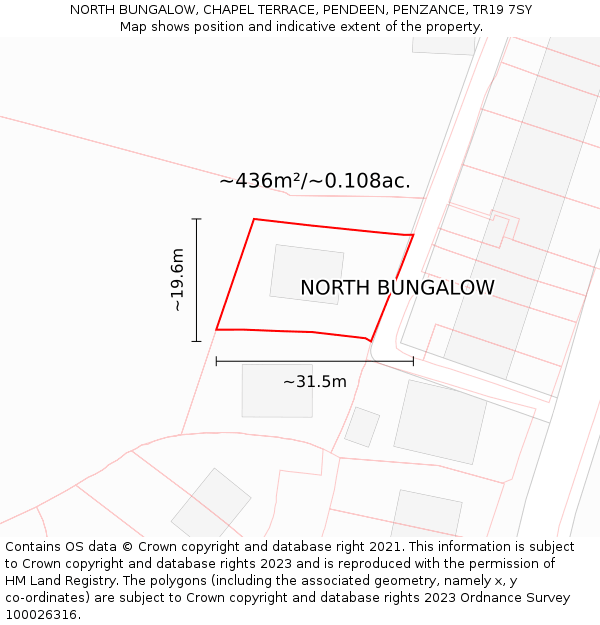 NORTH BUNGALOW, CHAPEL TERRACE, PENDEEN, PENZANCE, TR19 7SY: Plot and title map