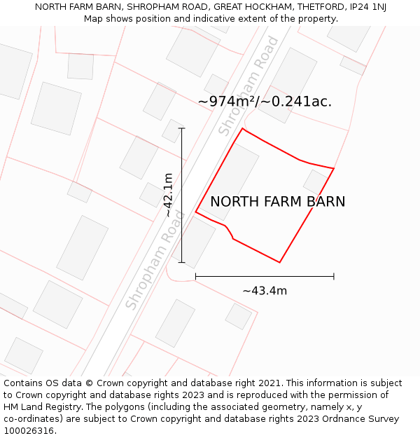 NORTH FARM BARN, SHROPHAM ROAD, GREAT HOCKHAM, THETFORD, IP24 1NJ: Plot and title map