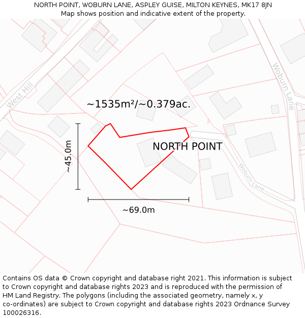 NORTH POINT, WOBURN LANE, ASPLEY GUISE, MILTON KEYNES, MK17 8JN: Plot and title map