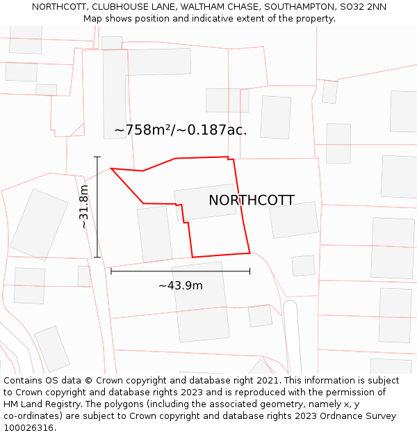 NORTHCOTT, CLUBHOUSE LANE, WALTHAM CHASE, SOUTHAMPTON, SO32 2NN: Plot and title map