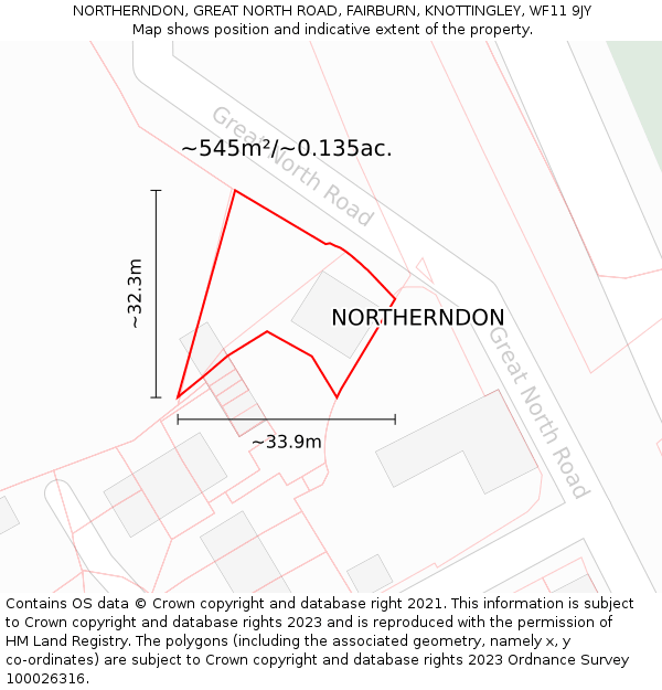 NORTHERNDON, GREAT NORTH ROAD, FAIRBURN, KNOTTINGLEY, WF11 9JY: Plot and title map